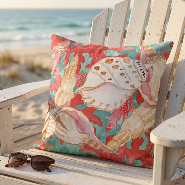 Chic Aqua Turquoise Coral Red Seashells Pattern Outdoor Pillow (Creator Uploaded)