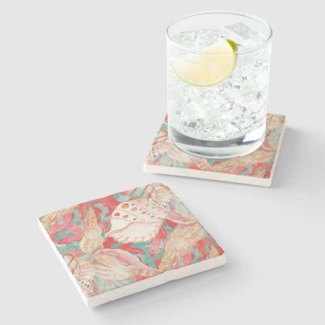 Chic Aqua Turquoise Coral Red Seashells Pattern Stone Coaster (Side)