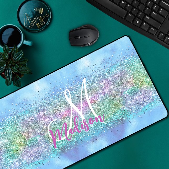 Chic aqua Unicorn Glitter sparkles monogram Desk Mat (Creator Uploaded)