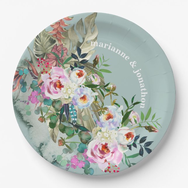 Chic Aquamarine Personalized Floral Eucalyptus Paper Plate (Front)