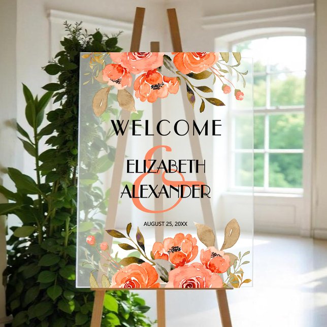Chic Aquarelle Floral Mariage Accueil (Chic watercolor orange floral wedding Welcome acrylic sign)