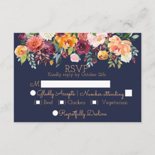 Chic Aquarelle Floral Navy Blue Wedding Carte RSVP