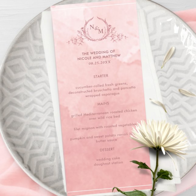 Chic Aquarelle rose, Menu Mariage Monogramme (Créateur téléchargé)