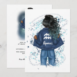 Chic Aquarius Zodiac Sign Denim Birthday Party Invitation