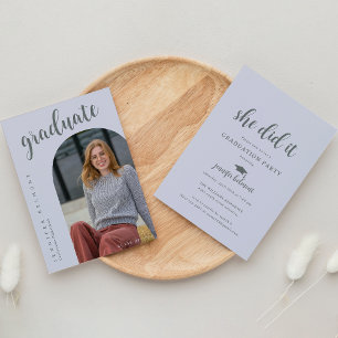 Chic Arch Photo She did it Hat Tassel Graduation Invitation