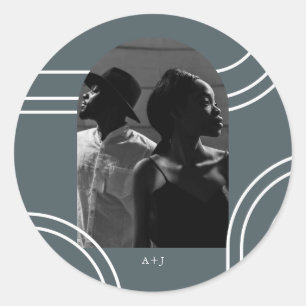 Chic Arches with Monogram Blue Photo Wedding Classic Round Sticker