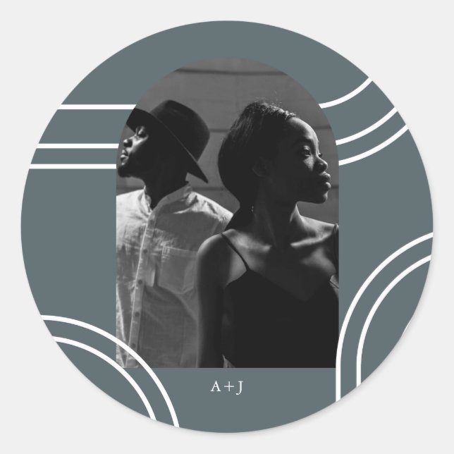 Chic Arches with Monogram Blue Photo Wedding Classic Round Sticker (Front)