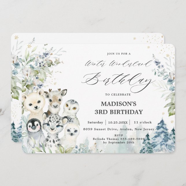 Chic Arctic Animals Winter Wonderland Birthday  Invitation (Front/Back)