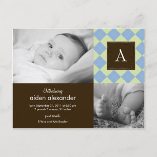Chic Argyle Baby Boy Birth Announcement Postcard