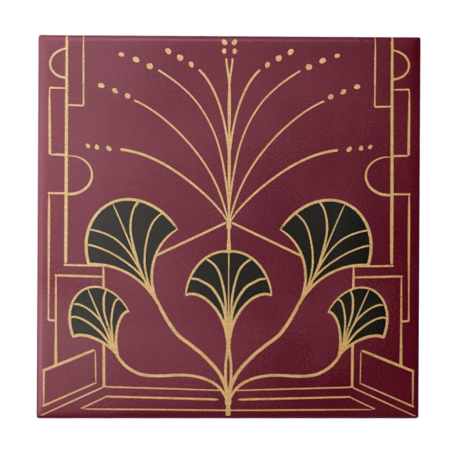 Chic Art deco cherry red fountain tile palms (Front)