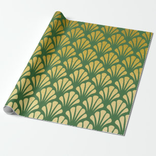 Chic Art Deco Fan Pattern Emerald & Faux Gold Foil Wrapping Paper