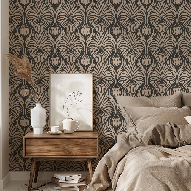 Chic Art Deco Floral Feather Pattern Black & Beige Wallpaper (Creator Uploaded)