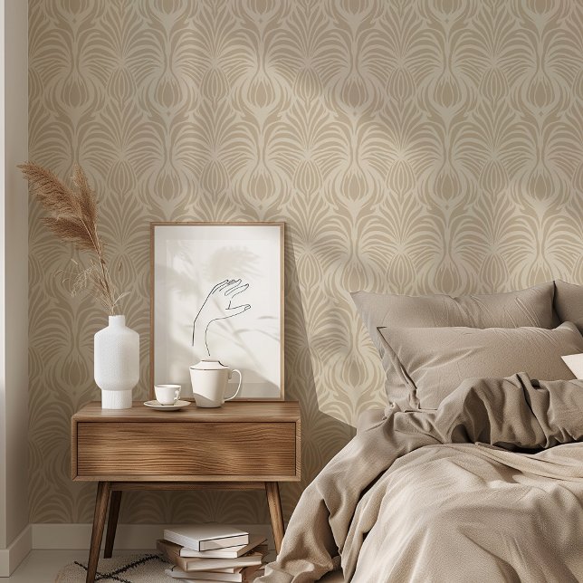 Chic Art Deco Floral Feather Pattern Soft Beige Wallpaper (Creator Uploaded)