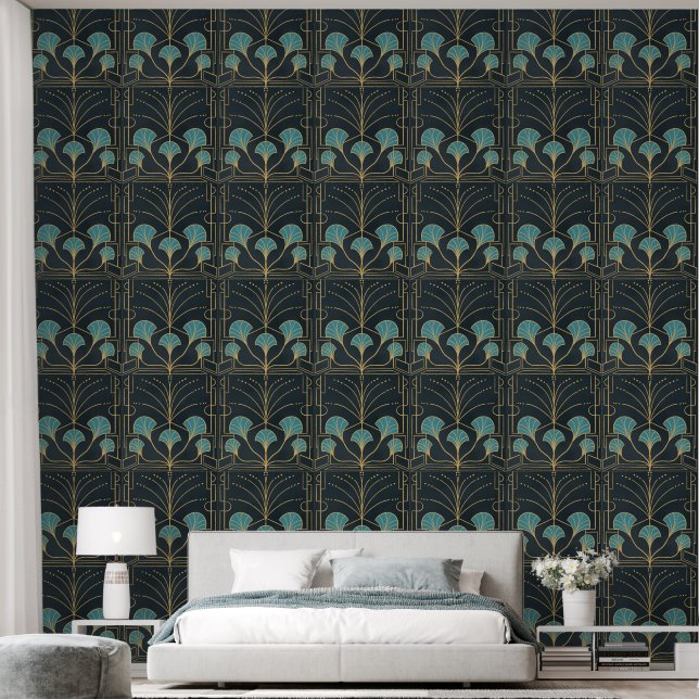 Chic Art deco fountain tile with teal blue palms Wallpaper (Bedroom)