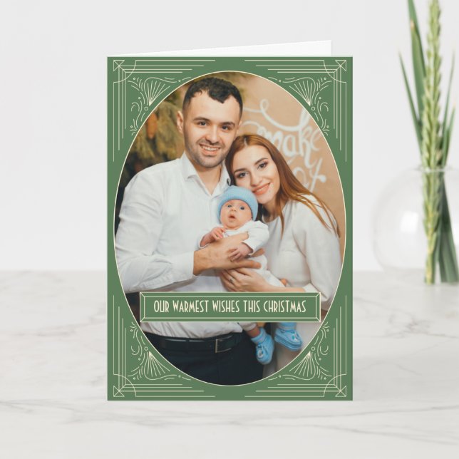 Chic Art Deco Green Frame Custom Photo Christmas Holiday Card (Front)
