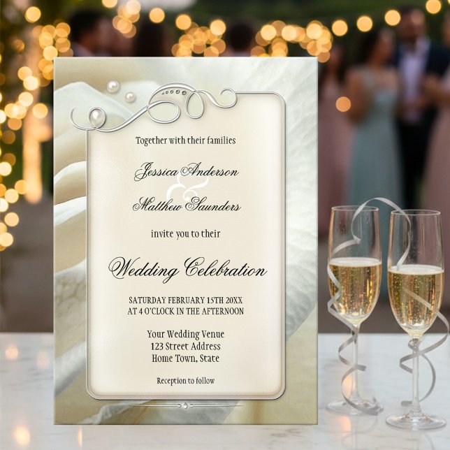 Chic Artisan Rose ivoire argent Faire-part de mari (Wedding invitation featuring a painting of an ivory rose with elegant silver swirls and tiny pearls)
