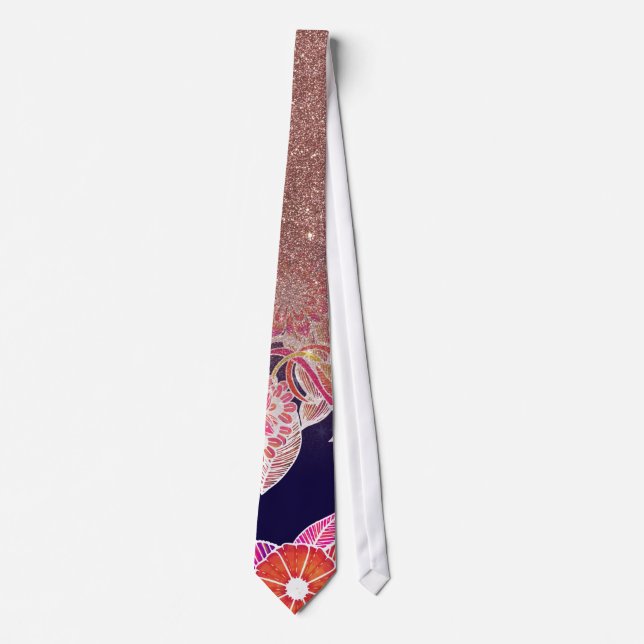 Chic Artsy Orange Blue Floral Rose Gold Glitter Tie (Front)