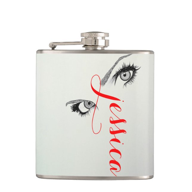 Chic Artsy Woman's Eyes Personalized Hip Flask (Front)