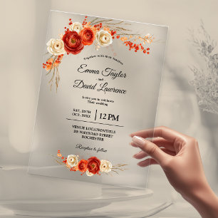 Chic Autumn Fall Floral Orange Terracotta wedding Acrylic Invitations
