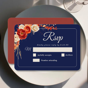Chic Autumn Floral Orange Terracotta navy Wedding  RSVP Card