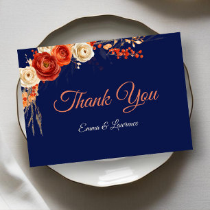 Chic Autumn Floral Orange Terracotta navy Wedding  Thank You Card