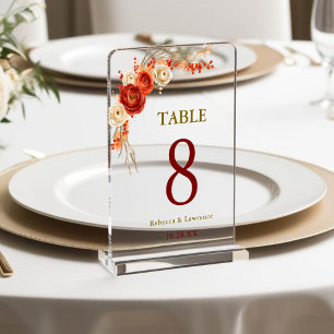 Chic Autumn Floral Orange wedding table number Acrylic Sign
