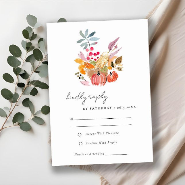 Chic Autumn Harvest Pumpkin Watercolor Wedding RSVP Card (Creator Uploaded)