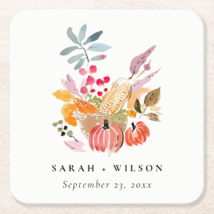 Chic Autumn Harvest Pumpkin Watercolor Wedding Square Paper Coaster