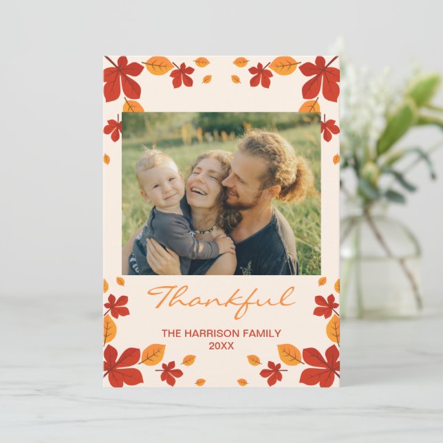 Chic Autumn Leaves Thankful Thanksgiving Photo Holiday Card (Standing Front)