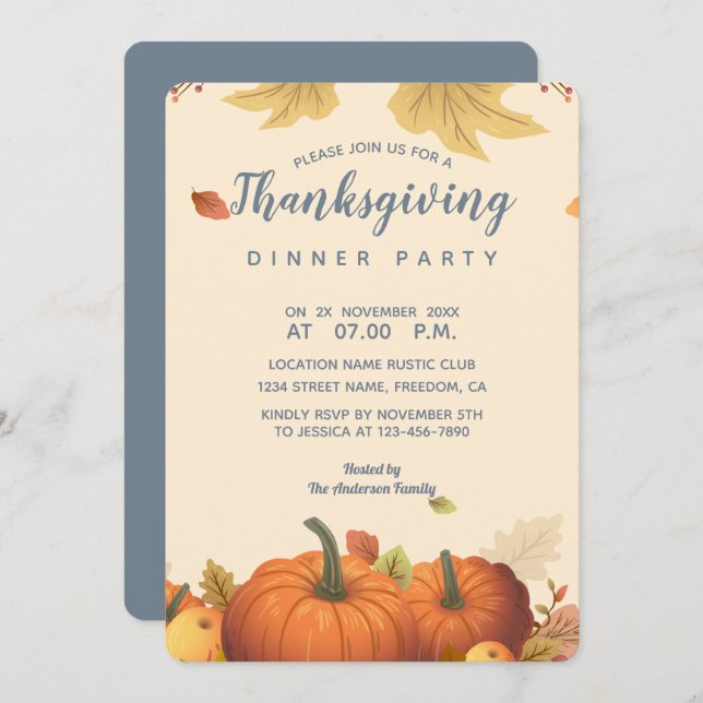 Chic Autumn Pumpkin Fall Leaves Dinner Trendy Invitation (Front/Back)