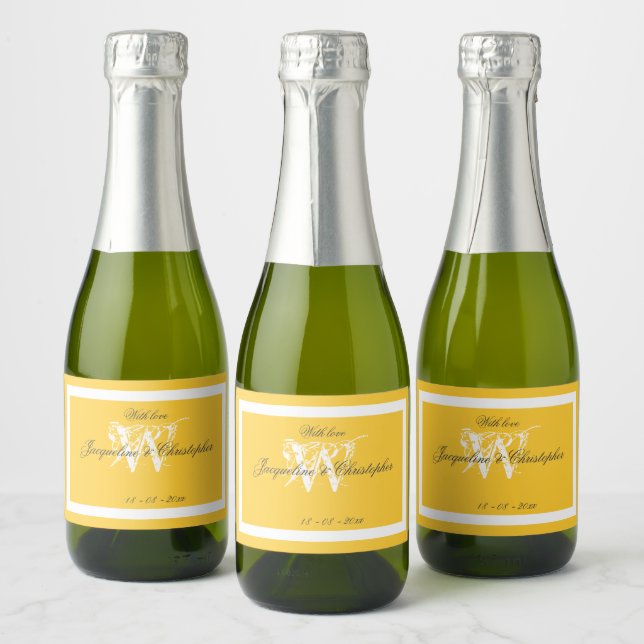 Chic B & W Script Elegant Warm Sunny Yellow Mini Sparkling Wine Label (Bottles)