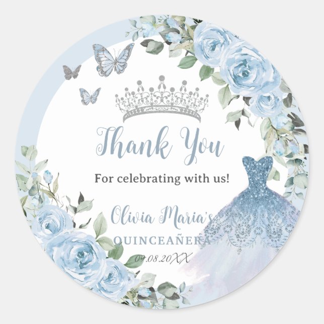 Chic Baby Blue Floral Dress Silver Quinceañera Classic Round Sticker (Front)