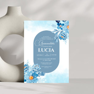 Chic Baby Blue roses geometric Quinceañera Invitation