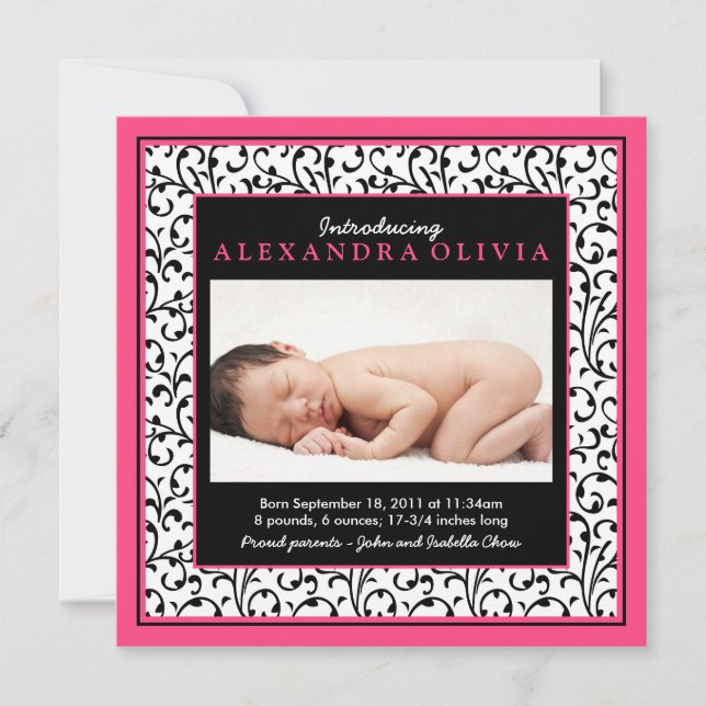 Chic Baby Girl Photo Hot Pink Birth Announcement (Front)