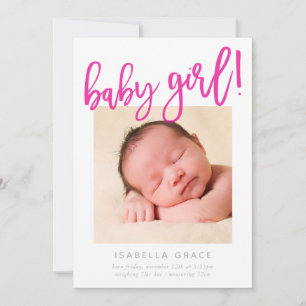 CHIC BABY PHOTO modern girl pink script lettering Announcement