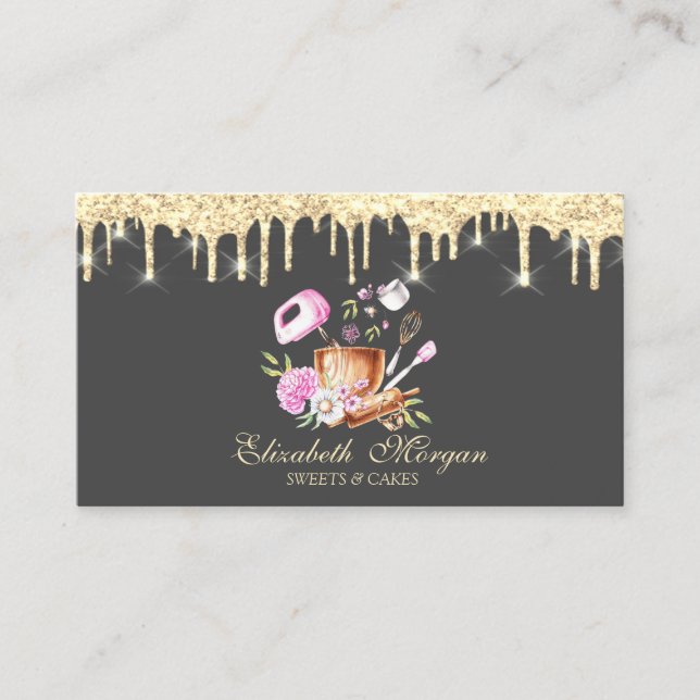 Chic Bakery Tools Faux Gold Drips Bakery  Business Card (Front)