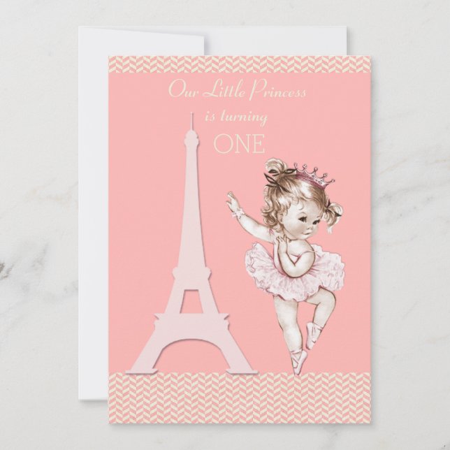 Chic Ballerina Eiffel Tower Chevrons 1st Birthday Invitation (Front)