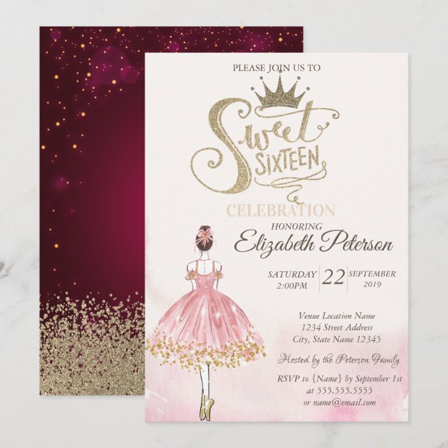 Chic Ballerina,Tiara, Diamonds Sweet 16  Invitation (Front/Back)