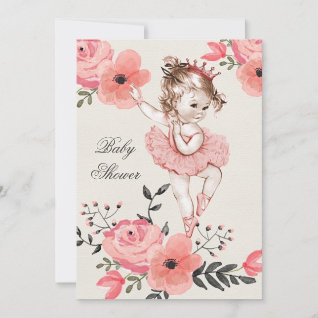 Chic Ballerina Watercolor Flowers Baby Shower Invitation (Front)