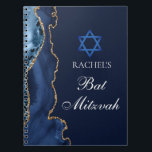 Chic Bat Mitzvah Navy Blue Gold Personalized Notebook<br><div class="desc">Elegant navy blue and gold agate decorates the side of this modern Bat Mitzvah notebook. Your daughter's name is written in beautiful formal script under the Star of David. Perfect for a chic,  stylish Jewish family celebrating their child being called to the Torah.</div>