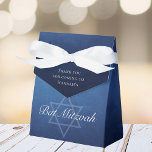 Chic Bat Mitzvah Star of David Custom Blue Party Favor Box<br><div class="desc">Beautiful deep shades of dark blue create a texture like water on this customizable Bat Mitzvah party favour box. Elegant white minimalist script with your daughter's name on the subtle Star of David for a Jewish celebration.</div>