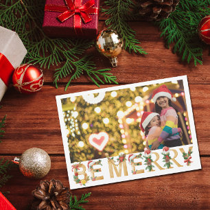 Chic Be Merry Christmas Kids Photo Gold Letters Holiday Card