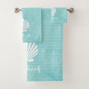 Chic Beach Girly Aqua Scallop Shell With Name Bath Towel Set