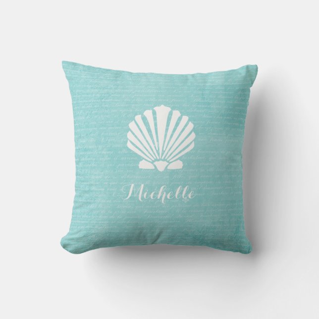 Chic Beach Girly Aqua Scallop Shell With Name Throw Pillow (Front)