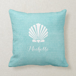 Chic Beach Girly Aqua Scallop Shell With Name Throw Pillow