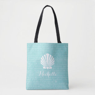 Chic Beach Girly Aqua Scallop Shell With Name Tote Bag