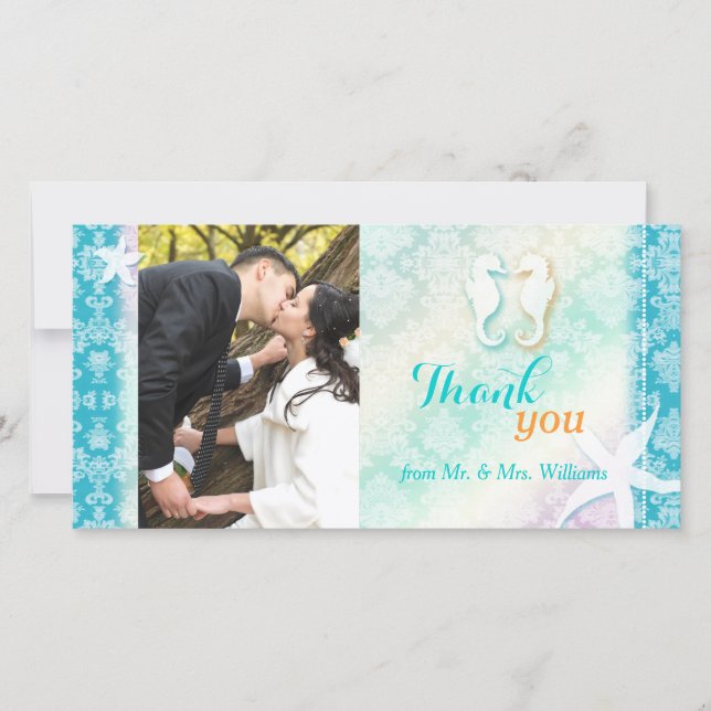 Chic Beach Seahorse Wedding Photo Thank You Card (Front)