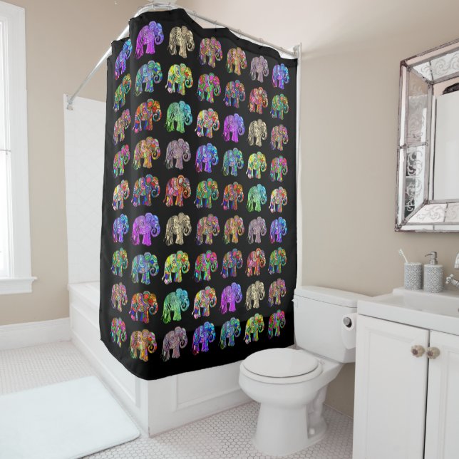 Chic Beautiful Rainbow Colored Elephants on Black (In Situ)