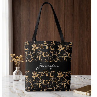 Chic Beautiful Royal Black and Gold Damask Tote Bag