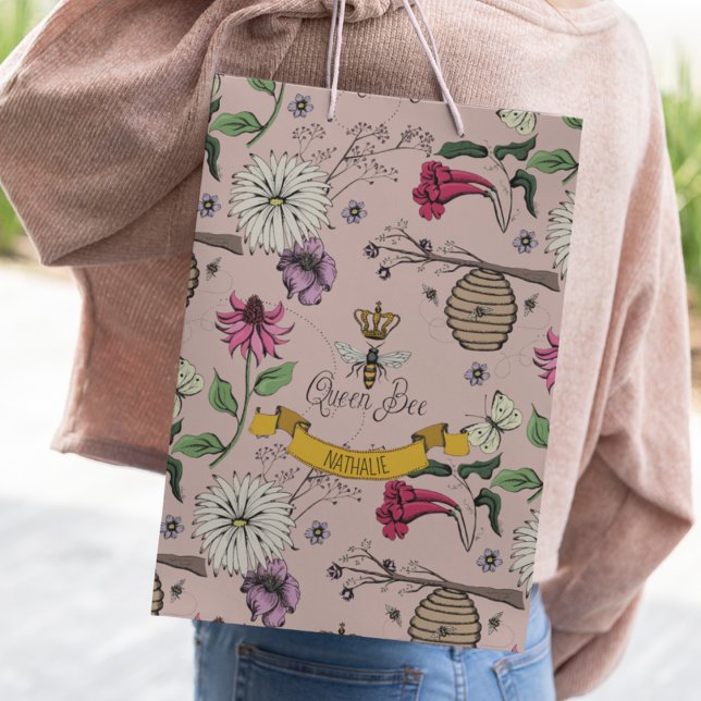Chic Beehive Blush Pink Floral Small Gift Bag (Elegant Queen Bee & Gold Crown Gift Bag. Hand-Drawn Queen Bee, Gold Crown, Flowers, Beehive & Bees)